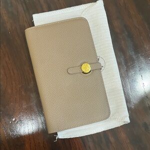 Taupe Leather Wallet with Gold Button Closure